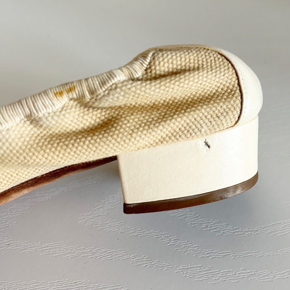 Chanel Low Block Heel Pumps Beige Fabric CC Cap Toe Bow EU 36.5C US 6.5 - Picture 9 of 14
